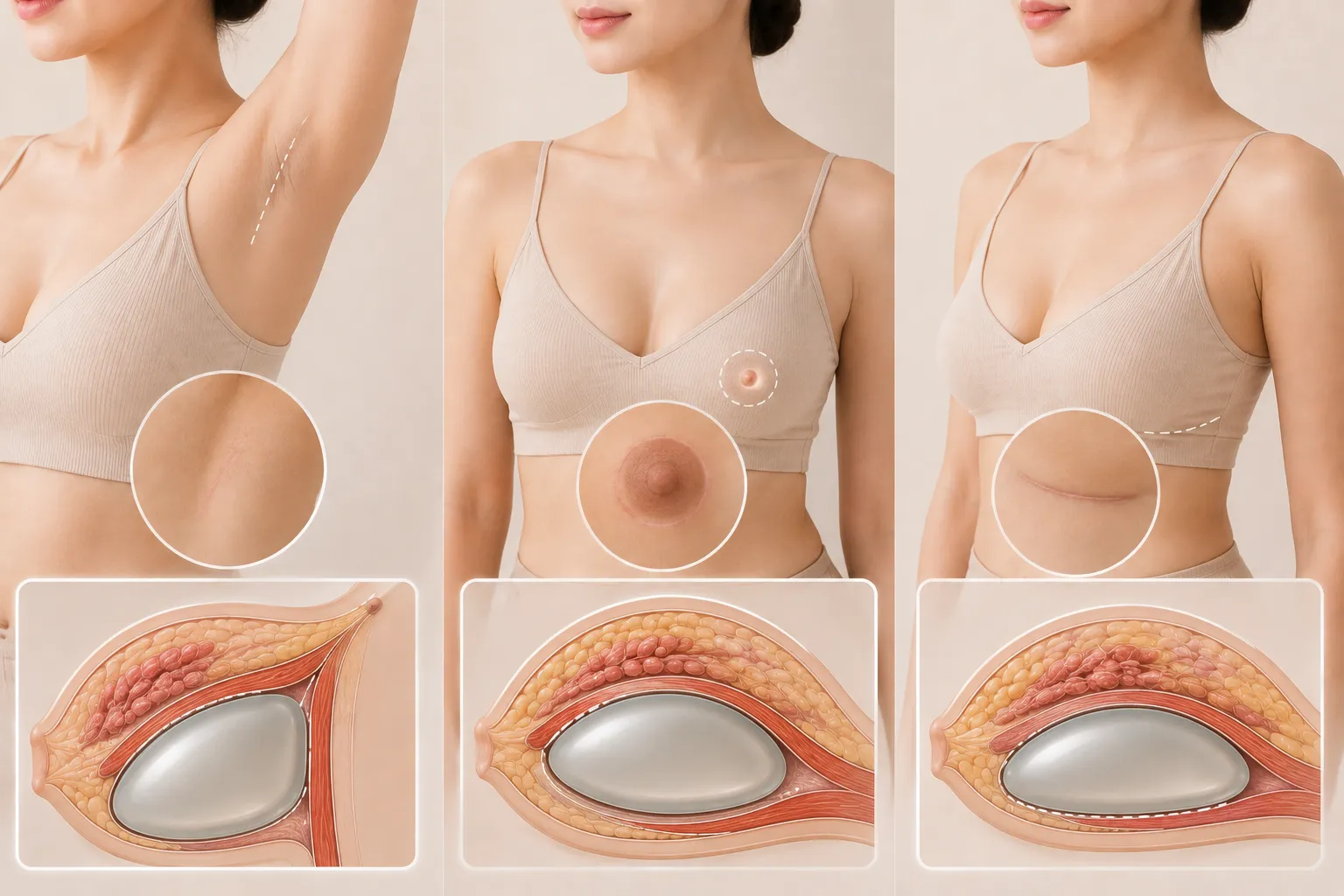 腋下、乳暈、乳下緣：三種切口的疤痕與手術視野取捨